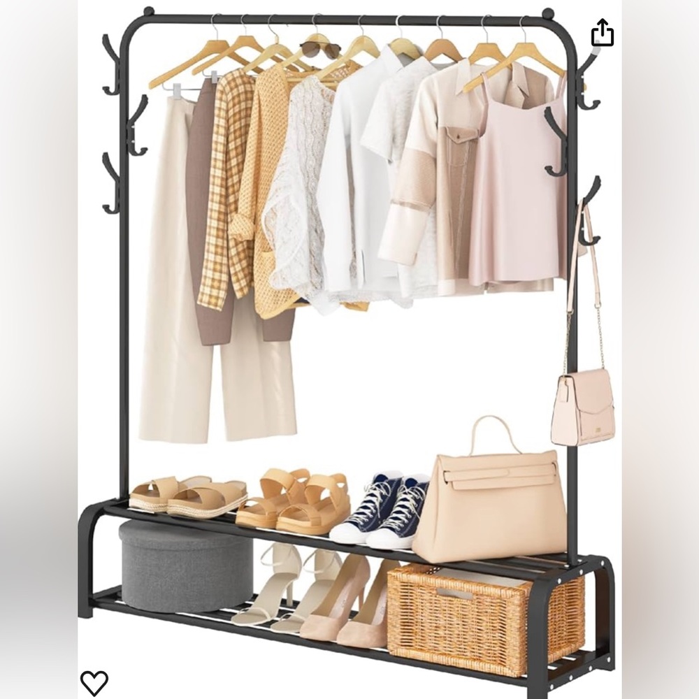 Garment Rack Free-standing with Top Rod Lower Storage and 6 Hooks. New